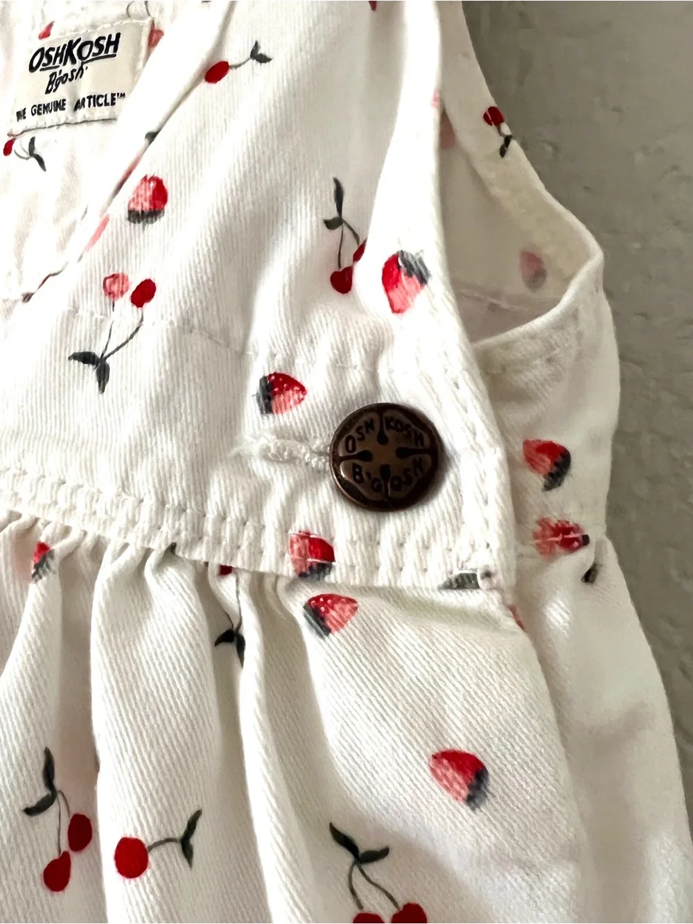 OshKosh B’gosh Overall Jumper Dress Girls 18M White Cherries Strawberries Print